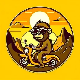 Monkey riding a scooter with sunglasses and a big smile, have a mountain sunset on the background, make a round logo, make the color brown