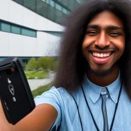 A long haired, black male software engineer taking a selfie in front of Building 92 at Microsoft in Redmond, Washington