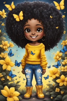 Create a detailed and vibrant charcoal illustration of a chibi black thick female and curly tight afro. She is wearing a yellow off-shoulder sweater, blue torn jeans, and tan-colored boots with fluffy white trim. SHe has a confident and cheerful expression, with large expressive eyes and a bright smile. background of black and yellow butterflies and magnolia flowers around her