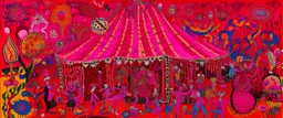 A magenta bizarre circus with tricky magic designed in Australian aboriginal art painted by Leonardo da Vinci