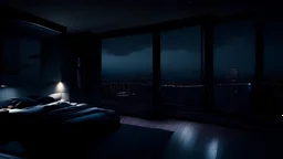 penthouse bedroom at night, dark gloomy, A room with a view of the city from the