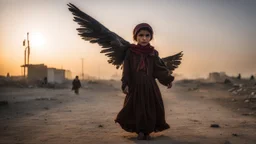 A Palestinian girl have tow wings wearing an old dress in gaza during sunset in winter.