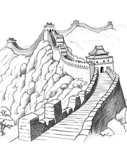 a coloring book, coloring page, depicting the great wall of china, with a scene of trees and a pool in front, monochrome, highly defined, white background, empty background, simple outlines