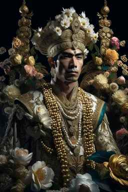 Fhoto half body, angle Raw, man Indonesia King front view portrait, adorned with giant Jasmine, and lily flower ,roses , golden pearls , zafir gemstone headress, culture ornament, wearing floral, lace, pearls, zafirs ornate Iranian costume, organic bio spinal ribbed detail of Iranian style full jasmin and rose and persian garden background by the moonlight extremely detailed hyperrealistic, by addie digi, maximalist portrait art.