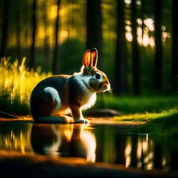 Rabbit in a forest near a lake and 8k lighting في الصباح