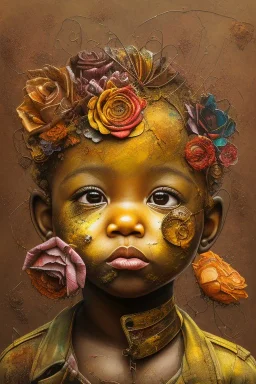 an abstract painting of rusted metal and flowers, heart filled with love African baby boy , rust, scaffolding, iron cladding, decay, mixed media, textured, anatomically correct, beautiful perfect face, sharp focus, highly detailed