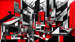 abstract architectural sketch, cubist influence, stark black and white architectural elements, bold red geometric blocks, textured paper, rough brushstrokes, minimal detail, fragmented forms, implied depth, architectural blueprints, linework, high contrast, surreal composition, monochromatic tones with vibrant red accents, graphic quality, abstract cityscape, urban deconstruction, geometric abstraction, expressive lines, textural depth, visual rhythm, artistic interpretation of architecture, ava