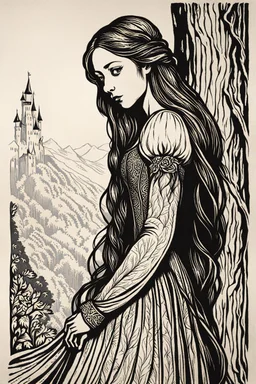 create a deeply powerful tragic, heart wrenching, and evocative, full body woodcut of fairy tale Rapunzel with highly detailed and deeply cut facial features, in the style of KATHE KOLLWITZ , searing lines and forceful strokes