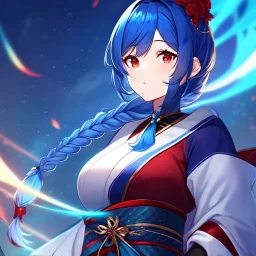 girl, masterpiece, best quality, volumetric lighting, detailed outfit, perfect eyes, blue hair, red eyes, obi, braided ponytail, two-tone hair,