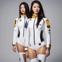 Ah, the twin women's leotard space suits are not just simple attire, but a fusion of style and functionality. These unique ensembles feature an abundance of zippers and badges, adding an extra layer of visual intrigue to their lunar expedition. The leotards, snug against their bodies, are adorned with various metallic zippers, strategically placed to accentuate their curves while allowing ease of movement. Each zip serves as a tantalizing invitation to explore what lies beneath, a playful tease