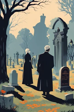 poster in the style of a 60s romantic novel showing three persons, one elderly widow facing a tombstone in a graveyard, one elderly widow looking at an elderly man walking by.