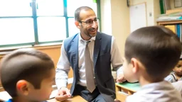 A male teacher explaining in a primary school, Egyptian complexion