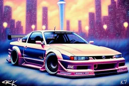 a true-to-life 1998 Nissan Silvia K's Rocket Bunny, centered, intricate, extreme detailed, photorealism, center view, city background, pivot on nissan, pen and color marker, painting by cheryl kelley