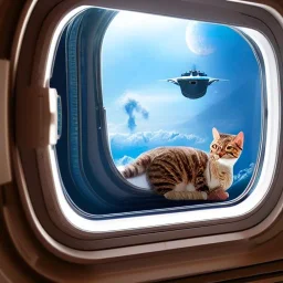 hyper-realistic spaceship interior with cat looking at astronaut floating outside of porthole window, 8k resolution, high-quality, fine-detail, detailed matte, intricate, 3D octane render, illustration, digital art, brian froud, howard lyon, anna dittman, greg rutowski,