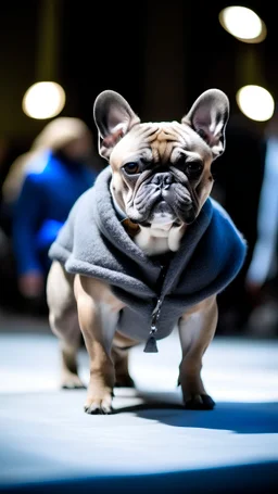 Frenchies bulldog with clothes on the runway