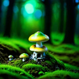 "Close up of a wonderful tiny Mushroom Tower home. green and yellow with bright white, deep black and contrasting tones of gray. Illuminated bioluminescent forest. Professional painter, master at composition. small but detailed. broken, blurred background, voluminous lighting"