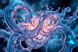 Dynamic complex hypnotic fractal 3D structures horizontal Symmetry twisting and morphing between organic and geometric forms , smooth translucent iridescent glass with inner glow and bubbles, varied transparent materials, stormy skies, intense dramatic