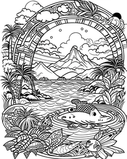 coloring pages for kids,Pacific island shaped logo Japanese ink painting, muted colors, including Dark black highlights to draw attention , rice paper texture, splashed paint, tropical beach, paradise, sea turtles, yellow sun, a Polynesian warrior , Art drawing ; ink , super detailed, text a the bottom “Tonga”, anime cartoon style, thick lines, low detail, black and white, no shading, --ar 85:110