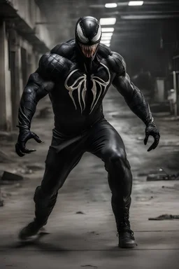 A hyper-realistic,detailed A Tom Hardy as Venom, his body contorted in a menacing stance, ready to strike. Photo Real, HOF, full size, practicality,manufacturability,performance, (((realism, realistic, realphoto, photography, portrait, realistic, elegant, charming, apocalyptic environment, professional photographer, captured with professional DSLR camera, trending on Artstation, 64k, ultra detailed, ultra accurate detailed, bokeh lighting, surrealism, Thomas Kinkade background, intricate, epic,