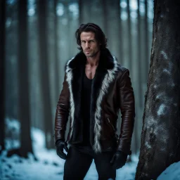 Handsome and muscular 30 year old mountain man wearing furry leather jacket, dark fantasy, snowy forest