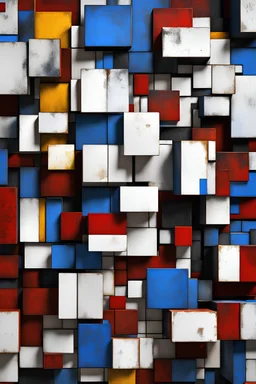 Cubism pattern of red blue black yellow and white squares made out of rusty metal plates, overlaping, 3d elements, in the style of Piet Mondriaan, painting, conceptual art, illustration, 3d render