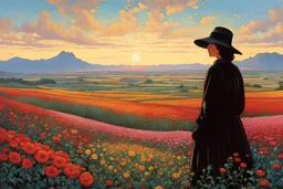 A woman looking out over a vast and beautiful flower field landscape by Jean Giraud, insanely detailed and intricate