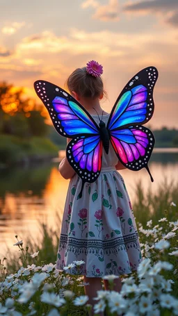 a girl with butterfly colorful Wings holding a small baby by the river at sunset surrounded by white flowers