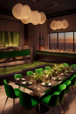 A 3D hyperrealistic image in 4K resolution of a modern party and birthday room approximately 100 square meters in size, with elegantly arranged tables, vibrant green chairs, and an abundance of warm soft light casting a celebratory ambiance, featuring a sleek kitchenette with stainless steel appliances and polished countertops, where guests can gather and mingle, surrounded by the warm glow of tabletop lamps and the subtle sheen of glossy flooring, with every detail meticulously rendered to crea