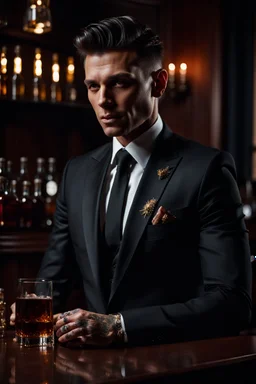sharply dressed man in an all-black suit and shirt with detailed hand tattoos and a salt-and-pepper haircut sitting at a mahogany desk holding a glass of whisky, photorealistic, 4k