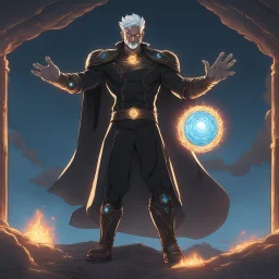 A 25 years boy persian in matte black robes with flaming eyes with grin with flaming light blue pupils stands atop a squire Two infinity gauntlets contain six infinity stones, one of which is made with nano In the hands of a powerful man walking While standing on a majestic height from afar