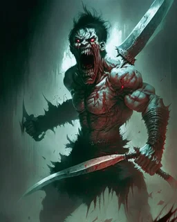 cursed apocaliptic screaming scary zombie human berserker meaty black short hair big greatsword