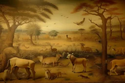 A savanna with a lot of animals painted by Leonardo da Vinci