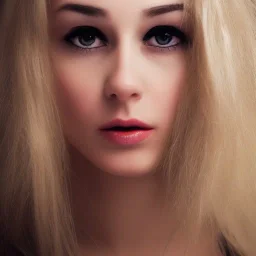 portrait of a beautiful Russian blonde woman with a long fringe, square face, black eyes and full lips