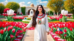 Hyper Realistic Photographic Long View Of A Beautiful Pashto Woman (With Beautiful Eyes Lips & Nose, & Long Black Hair; Wearing White Frock With Maroon Embroidery) Happily Standing & Smiling In A Beautiful Colorful Flower Garden With Red & White Tulips With Fancy Stone Water Fountain & A Peacock (With Colorful Wings) Walking On The Grass Around Her At Beautiful Cloudy Sunny Day Showing Dramatic & Cinematic Ambiance.