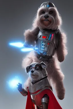 Star Wars scene artificial intelligence a Bedlington Terrier dog wearing black sith knight cape holding a red lightsaber in it's paw, showing R2D2 and 3PO in background, artstation trends, concept art, highly detailed, intricate, sharp focus, digital art, 8 k,