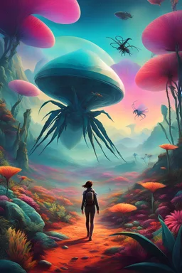 The exploration team enters a surreal landscape, immersed in an otherworldly haze. Captain Aurora Mitchell leads with confidence and curiosity. Vibrant colors and giant alien insects surround them. Exotic flora sways gently, whispering secrets on the wind. The team moves in synchrony, connected on a deeper level. The landscape responds to their presence, inviting them to uncover its mysteries. Alien insects flutter, casting shimmering reflections of vibrant colors. The surreal tapestry beckons t
