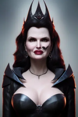 Geena Davis as evil queen in black leather, leather, busty, cleavage, angry, rage, stern look. character design by cory loftis, fenghua zhong, ryohei hase, ismail inceoglu and ruan jia. unreal engine 5, artistic lighting, highly detailed, photorealistic, fantasy