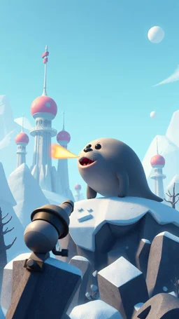 cannon shooting a ball that looks like a seal above frozen artic jungle with weird alien towers gets torn apart under him, in the style of Pixar, expertly crafted in a whimsical and vibrant cartoon style. is masterfully rendered in a lifelike 3D design, which captivates viewers with there irresistible charm.