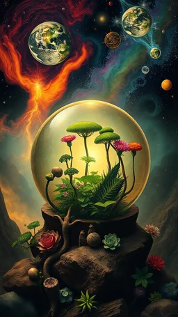 Hieronymus Bosch style nightmares plants in the galaxy , the plant earth globe, crystal balls