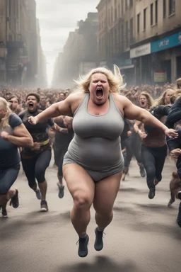 an obese terrified blonde woman crying and sobbing in a crossfit outfit desperately running away from an angry mob of thousands of people chasing her down a city street while she is flailing her arms for dear life