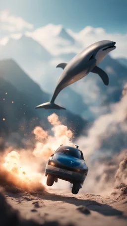 mountains, dolphin police stunt man explosion and fall, smoke and blitz, bokeh like f/0.8, tilt-shift lens 8k, high detail, smooth render, down-light, unreal engine, prize winning