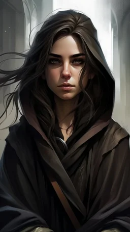 Portrait of Vin from the mistborn series wearing her miscloack