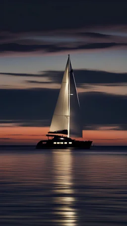 Show a yacht at night in the horizon