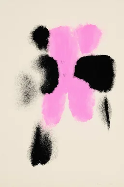 philosophical Rorschach test; abstract art; thick acrylic paint; black and pink minimalist palette on a background of ecru