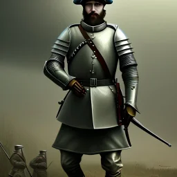 World war 1, Christina, medieval iron armor, trench coat, no mans land, lone Knight, Rifle, Male, Brutal style, Full body, Grim face, Bearded, Blue eyes, Tan skin,