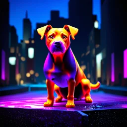 a PURPLE AND ORANGE DOG, BIOLUMINESENT, IN A DARK CITY , HIGH DEF, VRAY, 8K 3D