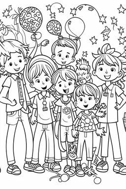 HAPPY NEW YEAR coloring page for kids, HAPPY NEW YEAR CELEBRATION PEOPLE thick outline, low details, no shading, no color