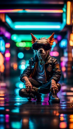 low angle portrait of slick lord water wolf Gremlin myth buster pimp ninja yoga cyber punk in flying hipster lawn Harley Davidson parked in dark neon lit reflective wet arcade hall tunnel,bokeh like f/0.8, tilt-shift lens 8k, high detail, smooth render, down-light, unreal engine, prize winning