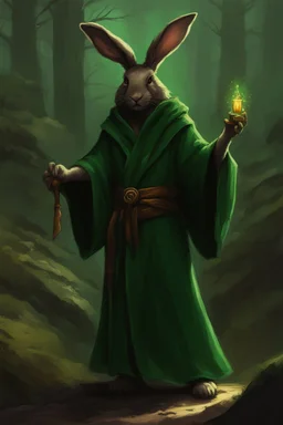 Male rabbitfolk with black fur and Hazel eyes wearing a emerald green robes in a fantasy setting, sorcerer of life