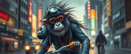 Rembrandt wall poster of transparent biker woman monkey weasel rasta man with cute fur, in big cyberpunk city crossover, volume light and motion blur, airbrush and pen outline
